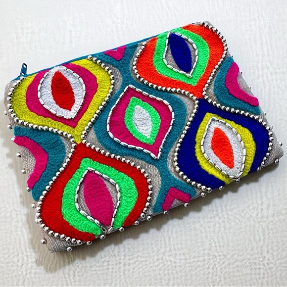 Two’s Company 100% Cotton Multicolor & Beige Beaded Small Pouch - Picture 1 of 6